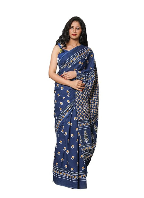Jalther Handicrafts Women'S Ikat Hand Block Print Jaipuri Cotton Mulmul Saree